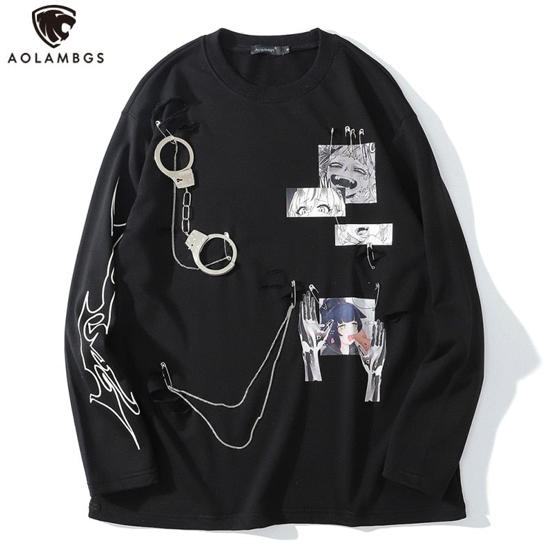 Aolamegs Comics Anime Manga Illustration Hook And Loop Fastener Chain Design Thin Sweatshirt Streetwear Men High Street Pullover