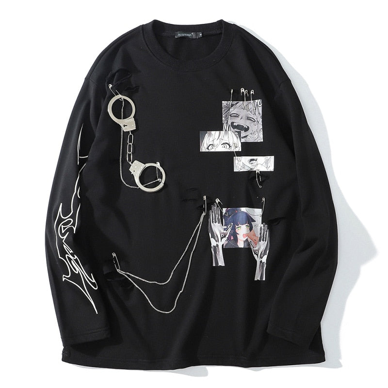 Aolamegs Comics Anime Manga Illustration Hook And Loop Fastener Chain Design Thin Sweatshirt Streetwear Men High Street Pullover