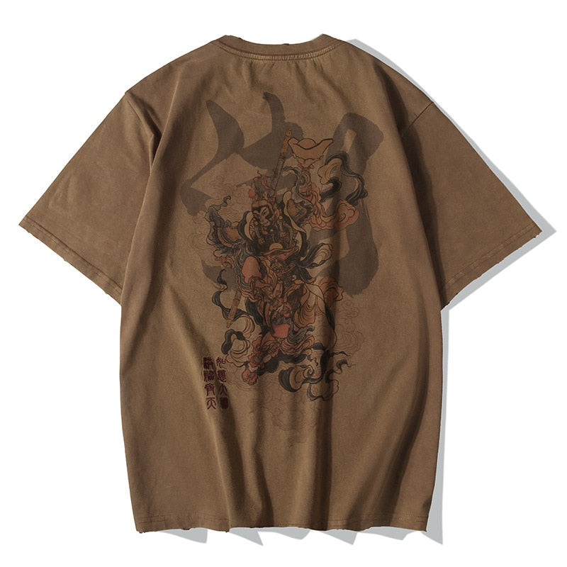 Lyprerazy Chinese Vintage Monkey King Embroidery T Shirt Men Tshirt Men Streetwear T-Shirt Hip Hop 4XL Clothes Brown Cotton