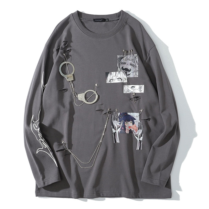 Aolamegs Comics Anime Manga Illustration Hook And Loop Fastener Chain Design Thin Sweatshirt Streetwear Men High Street Pullover