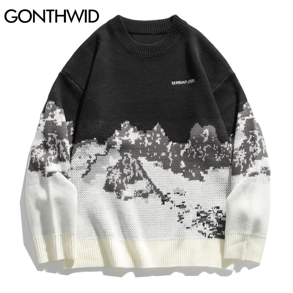 GONTHWID Snow Mountain Knitted Jumper Sweaters Streetwear Mens Hip Hop Harajuku Pullover Knitwear Tops Fashion Knit Outwear Male