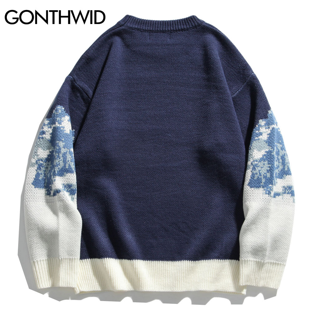 GONTHWID Snow Mountain Knitted Jumper Sweaters Streetwear Mens Hip Hop Harajuku Pullover Knitwear Tops Fashion Knit Outwear Male