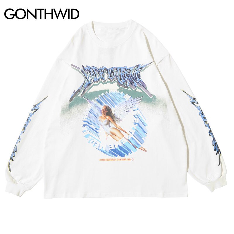 GONTHWID Creative 3D Angel Print Long Sleeve Tees Shirts Streetwear Hip Hop Hipster Casual Loose Tshirts Men Fashion Tops