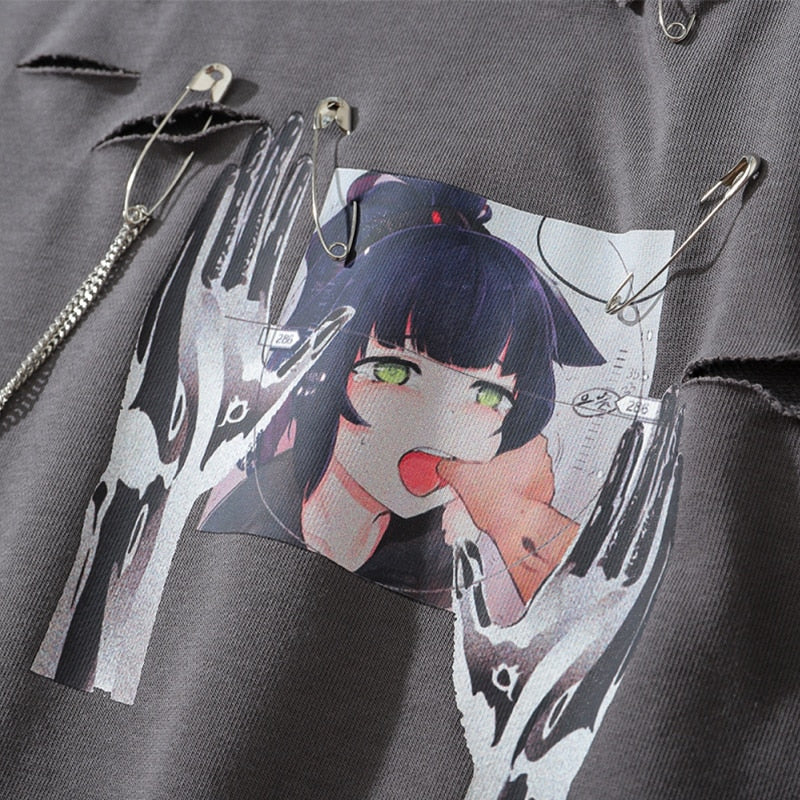 Aolamegs Comics Anime Manga Illustration Hook And Loop Fastener Chain Design Thin Sweatshirt Streetwear Men High Street Pullover