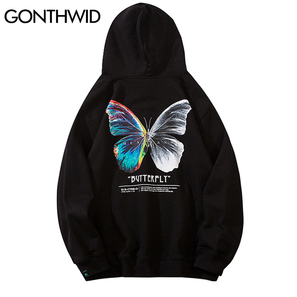 GONTHWID Butterfly Print Hoodies Sweatshirts Streetwear Hip Hop Harajuku Casual Hooded Sweat Shirts Mens Fashion Pullover Tops