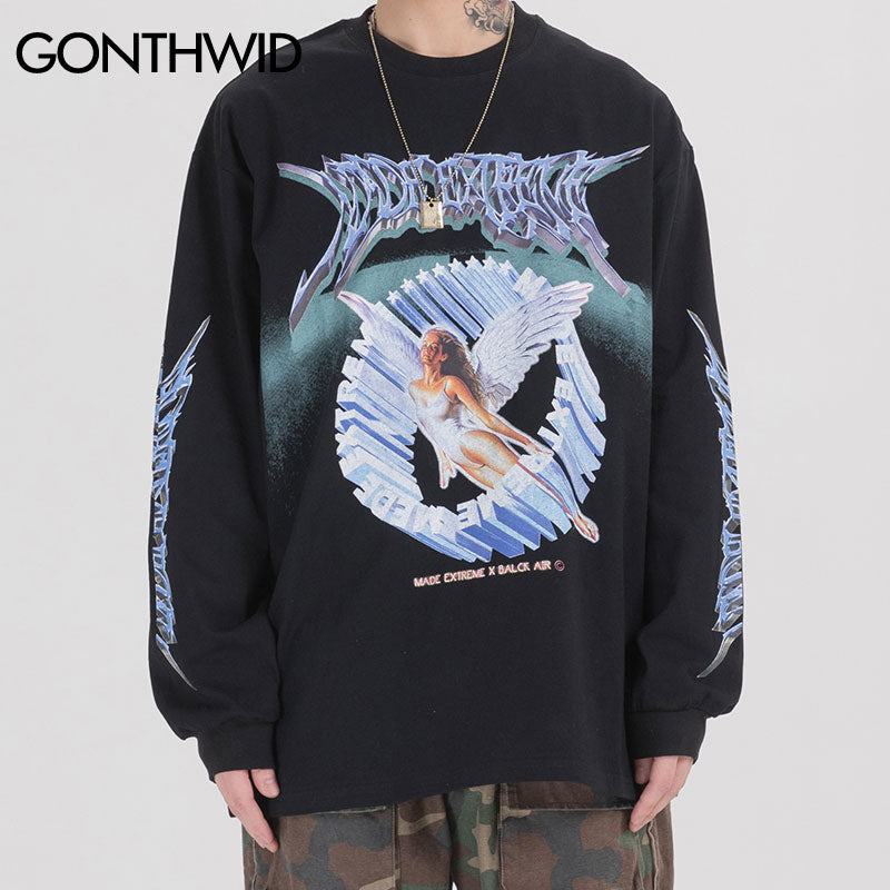 GONTHWID Creative 3D Angel Print Long Sleeve Tees Shirts Streetwear Hip Hop Hipster Casual Loose Tshirts Men Fashion Tops