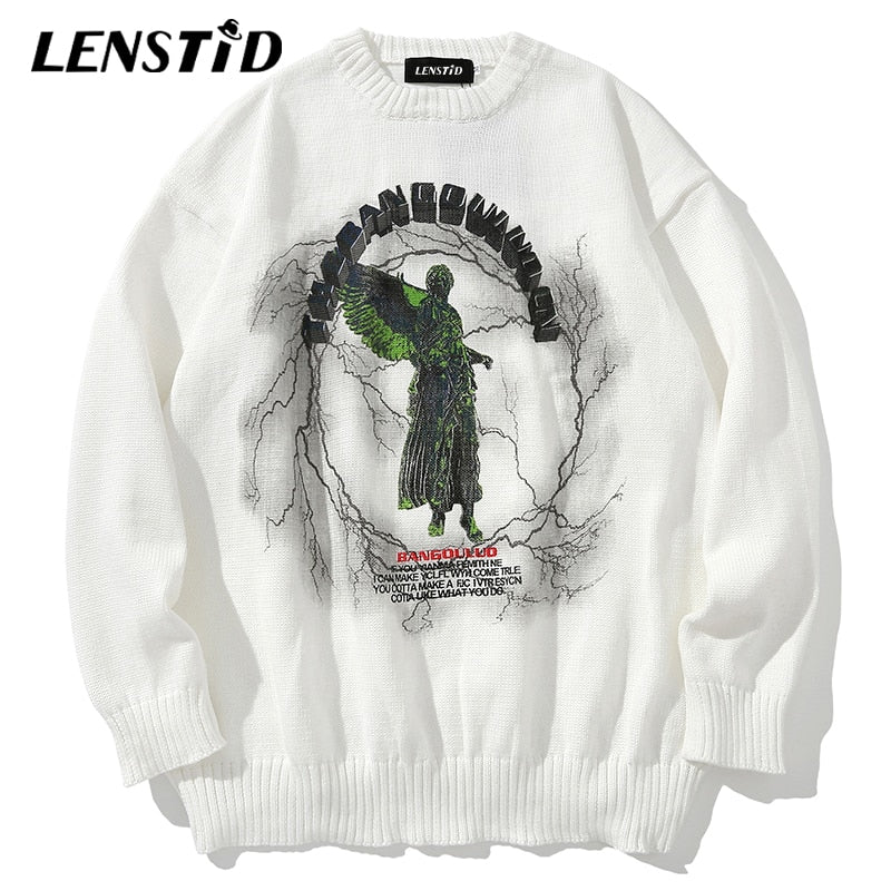 LENSTID Men Hip Hop Knitted Jumper Sweaters Angel Lightning Printed Streetwear Harajuku Autumn Oversize Hipster Casual Pullovers