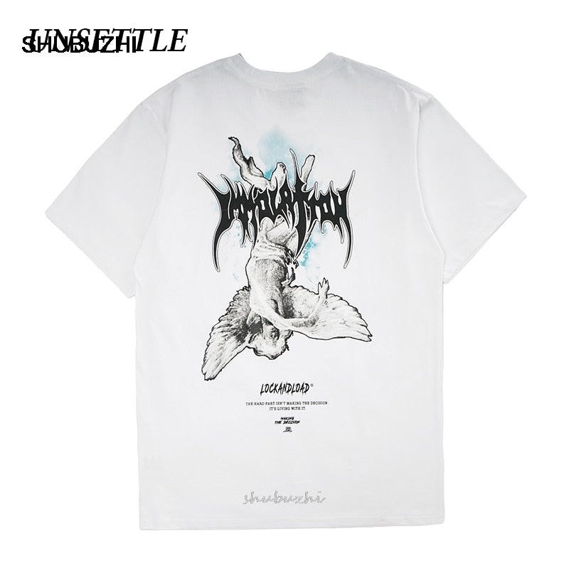 UNSETTLE Harajuku T-shirts Summer Men/Women Hip Hop Funny Print Fallen Angel Tshirt Streetwear t shirts Short Sleeve Tops