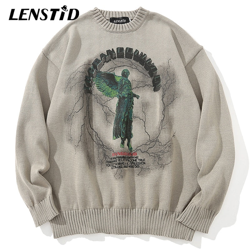 LENSTID Men Hip Hop Knitted Jumper Sweaters Angel Lightning Printed Streetwear Harajuku Autumn Oversize Hipster Casual Pullovers