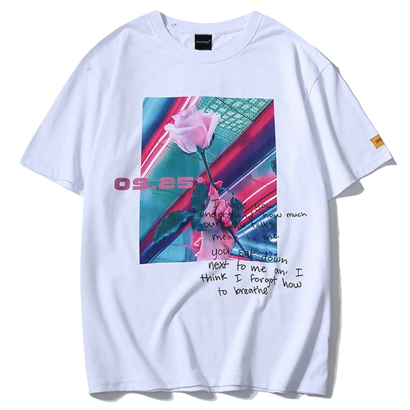 Hip Hop Streetwear T-Shirt Rose Flower Printed