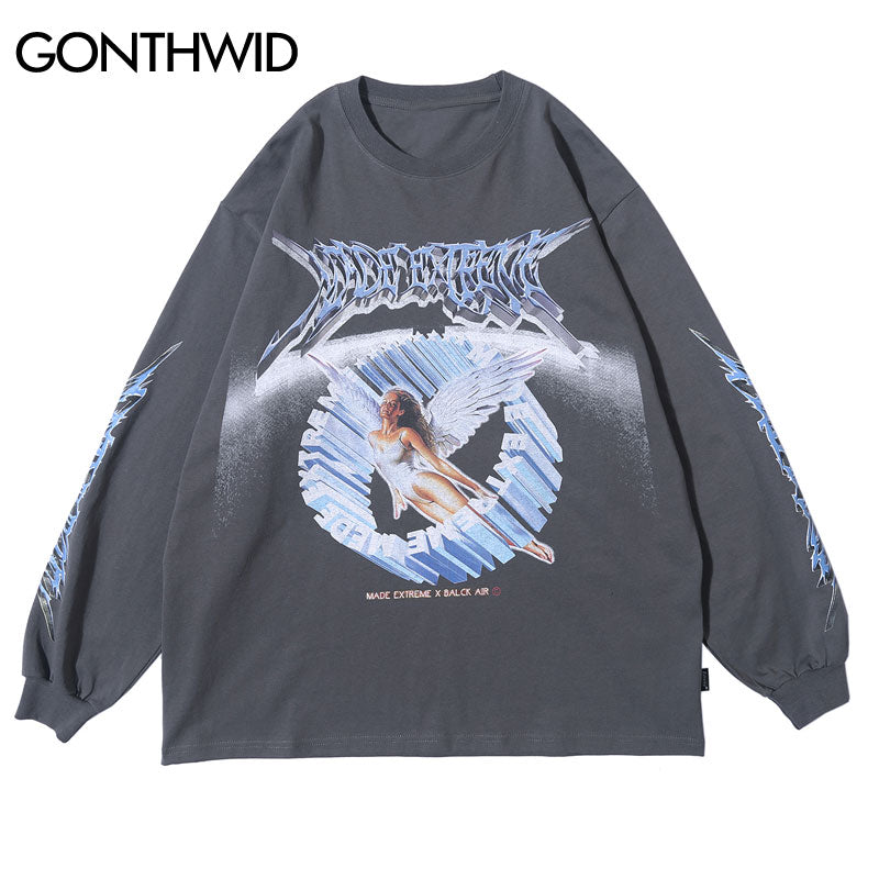 GONTHWID Creative 3D Angel Print Long Sleeve Tees Shirts Streetwear Hip Hop Hipster Casual Loose Tshirts Men Fashion Tops