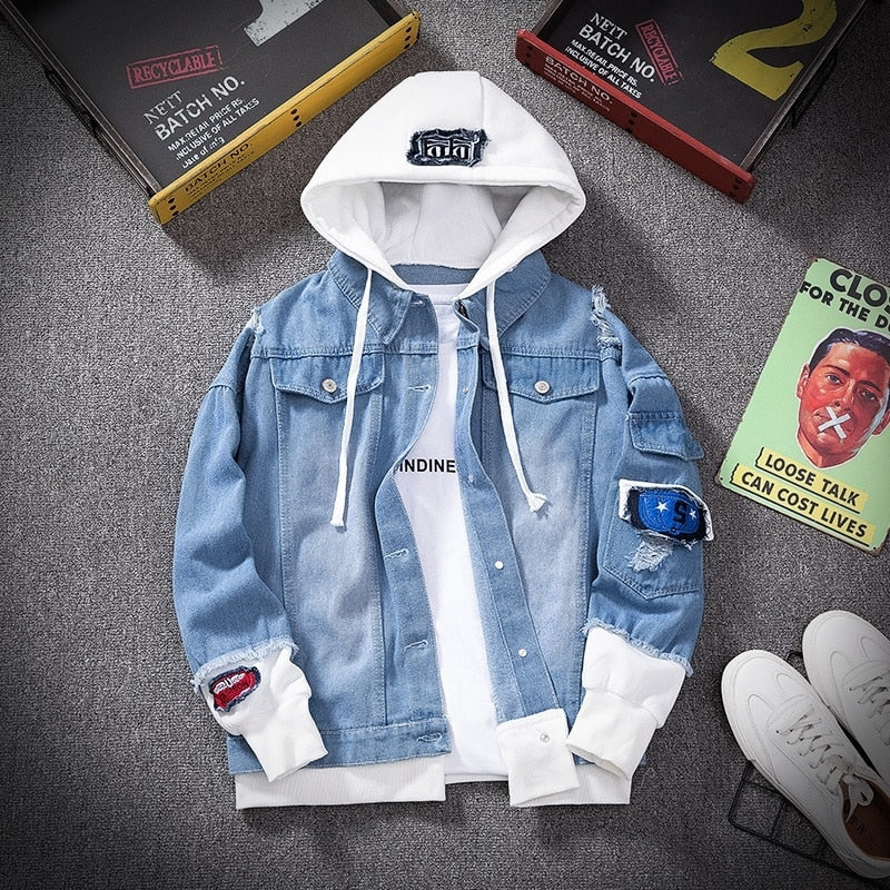 Men Denim Jacket Streetwear Hip Hop Men&#39;s Hooded Jean Jackets Male Casual Loose Outerwear 2022 New Spring Fashion Slim Fit Coat