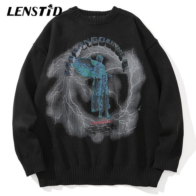 LENSTID Men Hip Hop Knitted Jumper Sweaters Angel Lightning Printed Streetwear Harajuku Autumn Oversize Hipster Casual Pullovers