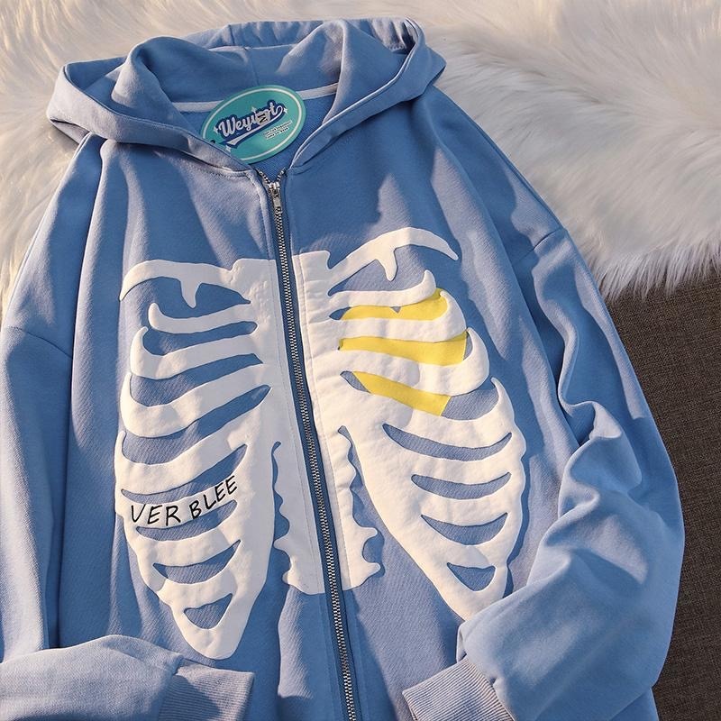 American Fashion Hot-selling Skeleton Printing Anime Men Women Long-sleeved Zipper Hoodie Jacket Loose Streetwear Y2K Pullover