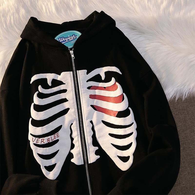 American Fashion Hot-selling Skeleton Printing Anime Men Women Long-sleeved Zipper Hoodie Jacket Loose Streetwear Y2K Pullover