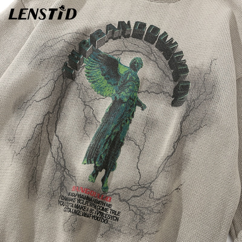 LENSTID Men Hip Hop Knitted Jumper Sweaters Angel Lightning Printed Streetwear Harajuku Autumn Oversize Hipster Casual Pullovers