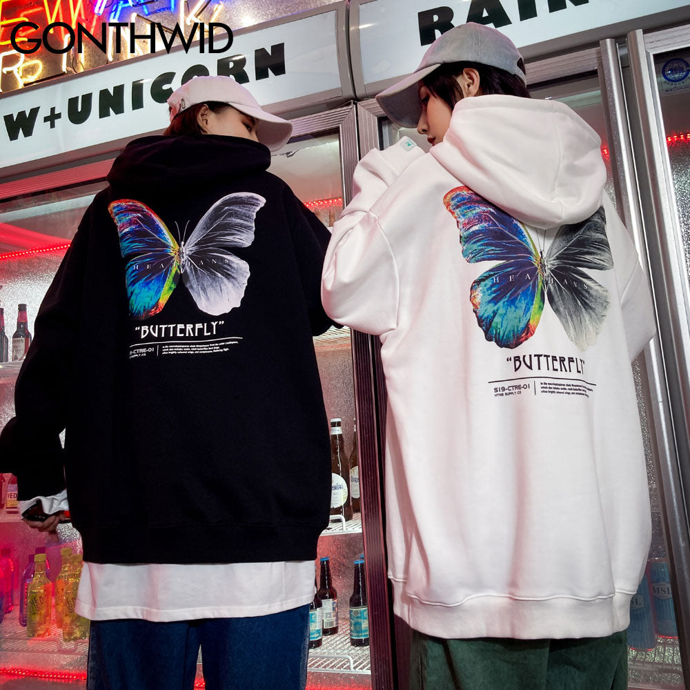 GONTHWID Butterfly Print Hoodies Sweatshirts Streetwear Hip Hop Harajuku Casual Hooded Sweat Shirts Mens Fashion Pullover Tops