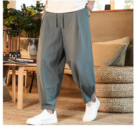 Japanese Loose Men&#39;s Cotton Linen Pants Male Summer New Breathable Solid Color Linen Trousers Fitness Streetwear Plus Size M-5XL