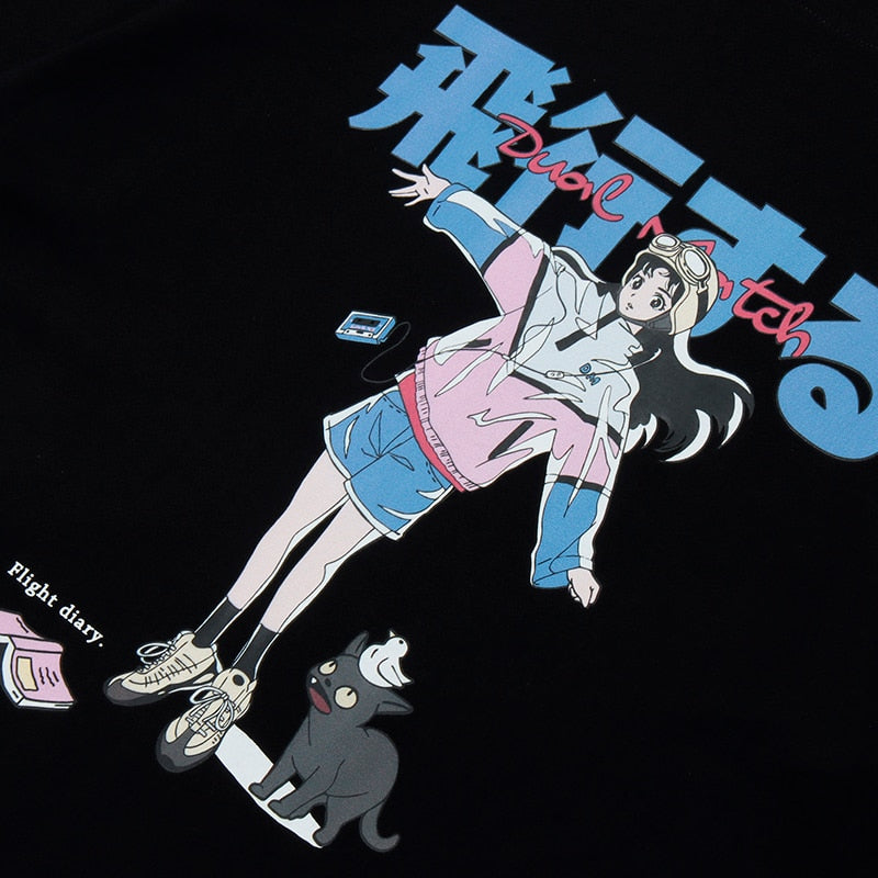 Hip Hop T-Shirt Cartoon Girl Cat Print