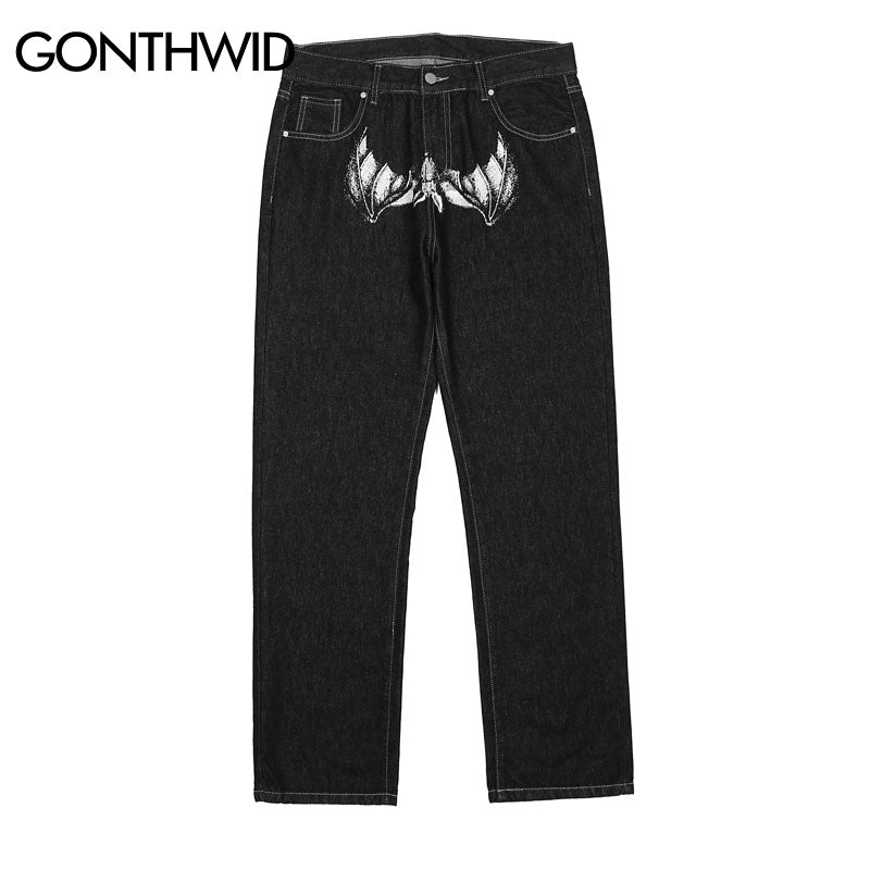 Hip Hop Gothic Denim Pants Streetwear Mens Graphic Print Baggy Punk Rock Jeans 2022 Harajuku Casual Loose Jean Trousers Black