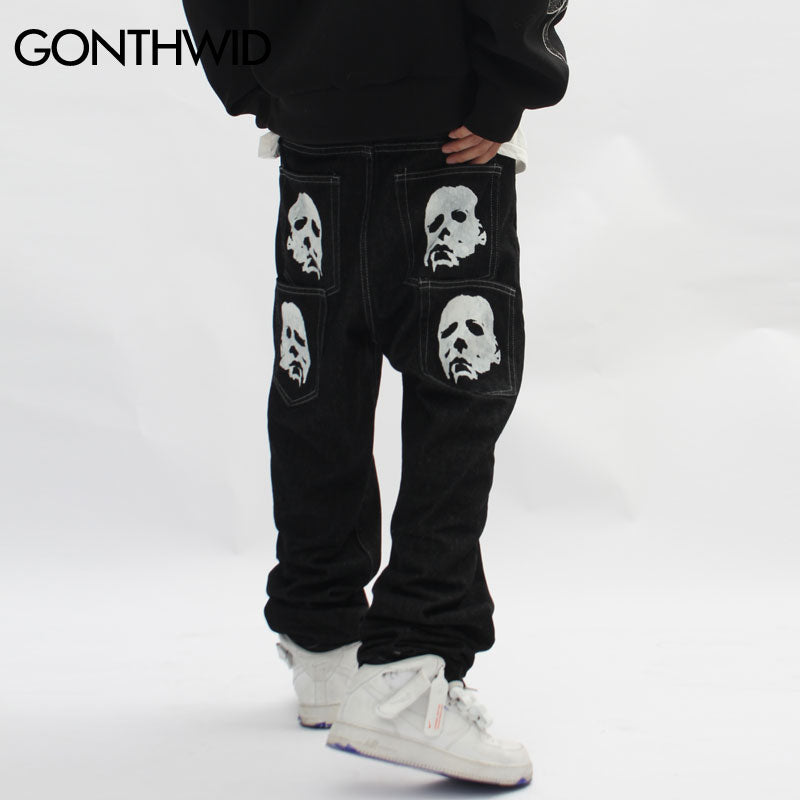 Hip Hop Gothic Denim Pants Streetwear Mens Graphic Print Baggy Punk Rock Jeans 2022 Harajuku Casual Loose Jean Trousers Black