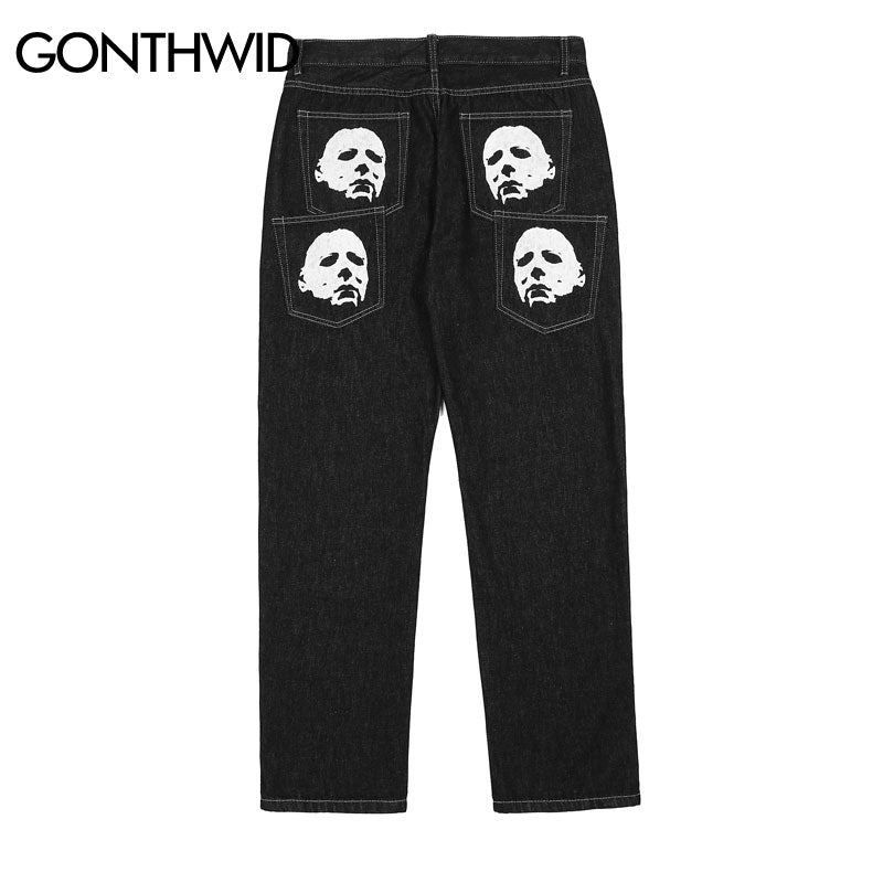 Hip Hop Gothic Denim Pants Streetwear Mens Graphic Print Baggy Punk Rock Jeans 2022 Harajuku Casual Loose Jean Trousers Black