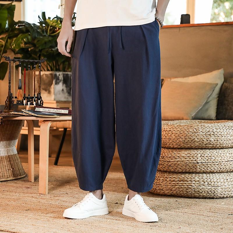 Japanese Loose Men&#39;s Cotton Linen Pants Male Summer New Breathable Solid Color Linen Trousers Fitness Streetwear Plus Size M-5XL