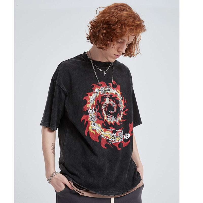 Hip Hop Streetwear T Shirt Fire Flame Paisley Skull