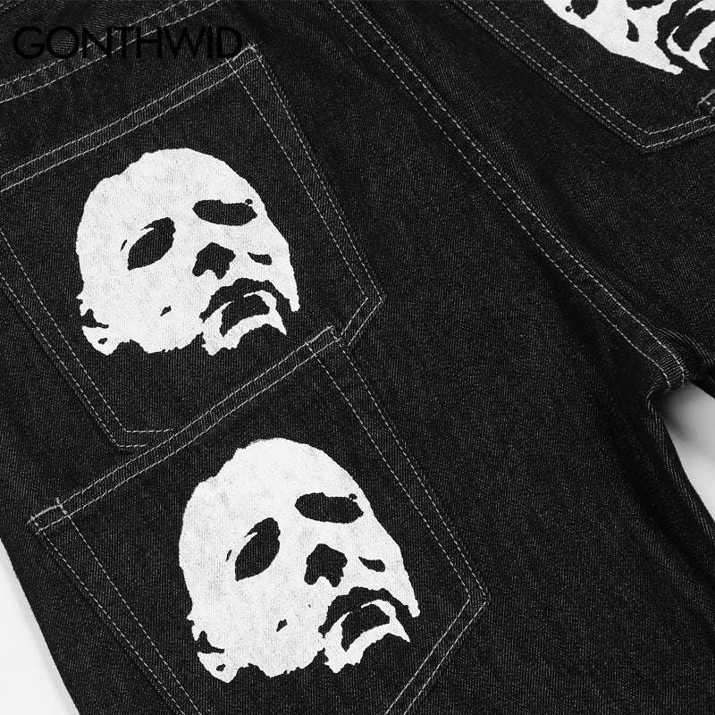 Hip Hop Gothic Denim Pants Streetwear Mens Graphic Print Baggy Punk Rock Jeans 2022 Harajuku Casual Loose Jean Trousers Black