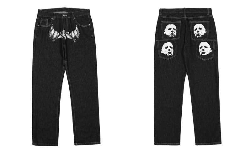 Hip Hop Gothic Denim Pants Streetwear Mens Graphic Print Baggy Punk Rock Jeans 2022 Harajuku Casual Loose Jean Trousers Black